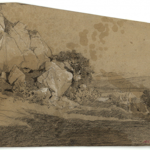 image for: Marià Fortuny - Paisatge rocós (anvers) / Músics marroquins (revers) - Cap a 1860-1862