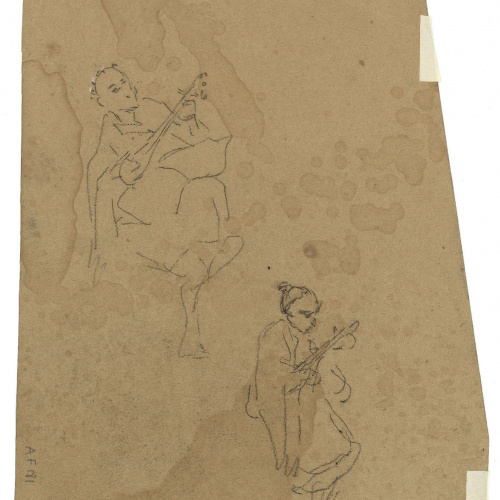 image for: Marià Fortuny - Paisatge rocós (anvers) / Músics marroquins (revers) - Cap a 1860-1862 [1]