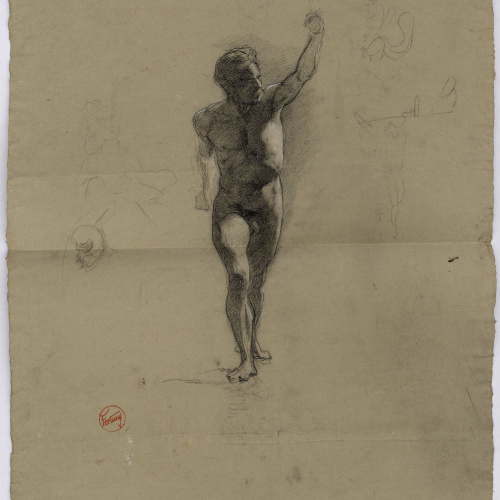 image for: Marià Fortuny - Estudi de nu masculí (anvers) / Fragment d&#039;un lleó i imatges sobreposades (revers) - Cap a 1860
