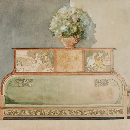 image for: Gaspar Homar - Sofà escó amb prestatges laterals i plafons superiors amb marqueteria - Cap a 1900-1910