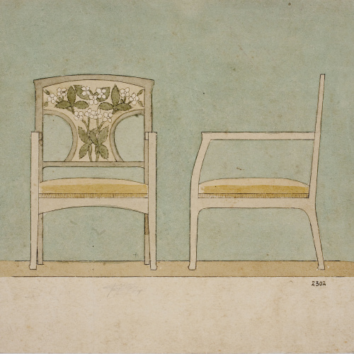 image for: Gaspar Homar - Cadira de braços per a la casa Lleó Morera de Barcelona (vista frontal i de perfil) - Cap a 1905