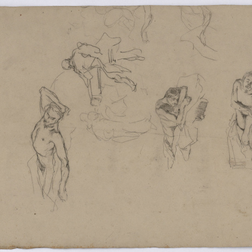 image for: Marià Fortuny - Estudi de nus masculins i figura amb indumentària del segle XVIII (anvers) / Figures masculines amb indumentària del segle XVIII (revers) - Cap a 1860-1861