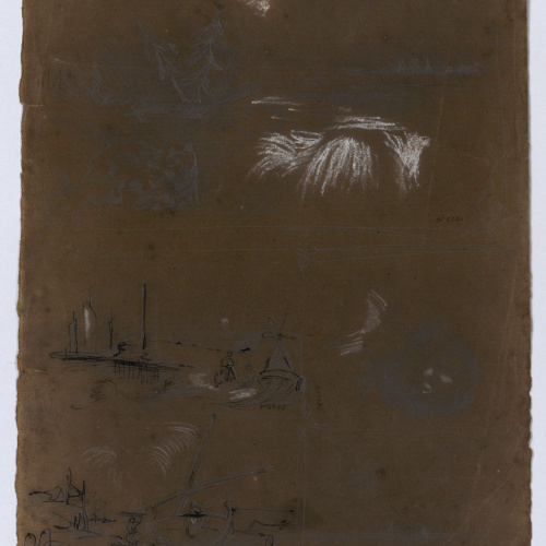 image for: Marià Fortuny - Esbós de marines i cap masculí (anvers) / Estudi de composició (revers) - Cap a 1856-1858