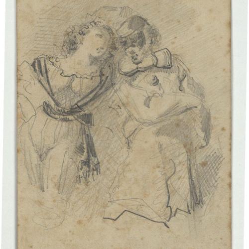 image for: Marià Fortuny - Parella de pierrots (anvers) / Monja al llit de mort (revers) - Cap a 1855-1857