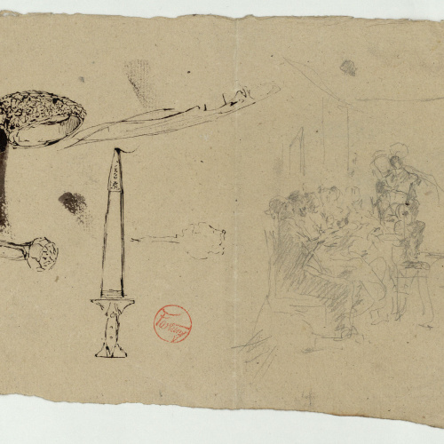 image for: Marià Fortuny - Anells, espasa i esbós de figures assegudes (anvers) / Croquis inconcret (revers) - Cap a 1867-1872