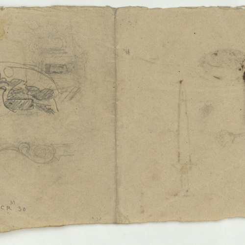 image for: Marià Fortuny - Anells, espasa i esbós de figures assegudes (anvers) / Croquis inconcret (revers) - Cap a 1867-1872 [1]