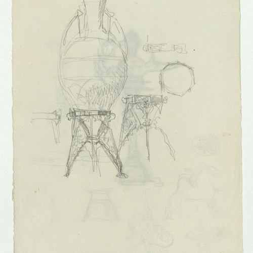 image for: Marià Fortuny - Vas d&#039;estil musulmà amb suport (anvers) / Llàntia, candeler i motius ornamentals d&#039;estil musulmà (revers) - Cap a 1870-1872