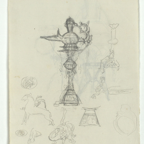 image for: Marià Fortuny - Vas d&#039;estil musulmà amb suport (anvers) / Llàntia, candeler i motius ornamentals d&#039;estil musulmà (revers) - Cap a 1870-1872 [1]