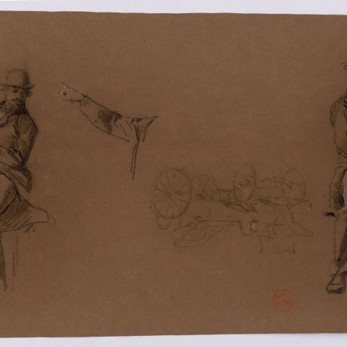 image for: Marià Fortuny - Estudi per al quadre «La reina Maria Cristina passant revista a les tropes» [?] (anvers) / Esbós de cotxe de cavalls (revers) - Cap a 1865-1866