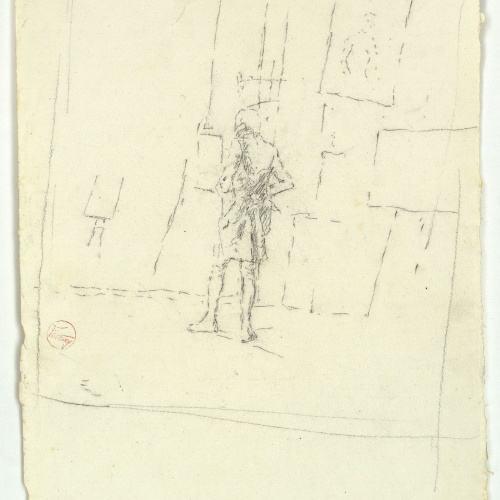 image for: Marià Fortuny - Home amb indumentària del segle XVIII, mirant quadres - Cap a 1863-1867