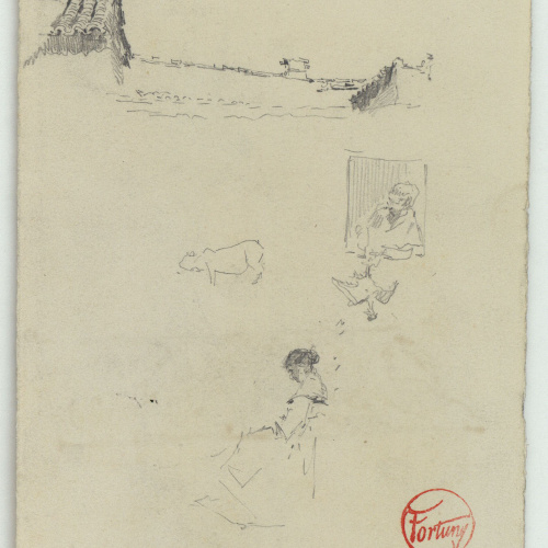 image for: Marià Fortuny - Tàpia i teulada d&#039;una casa, dona plomant una au, un altre animal i figura femenina asseguda (anvers) / Esbós de figures i sanefa amb motius florals (revers) - Cap a 1870-1872