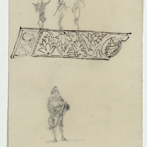 image for: Marià Fortuny - Tàpia i teulada d&#039;una casa, dona plomant una au, un altre animal i figura femenina asseguda (anvers) / Esbós de figures i sanefa amb motius florals (revers) - Cap a 1870-1872 [1]