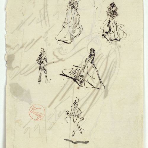 image for: Marià Fortuny - Figures femenines i masculines (anvers) / Estudi per a l&#039;aquarel·la «Mascarada» (revers) - Cap a 1868-1870