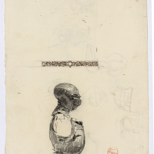 image for: Marià Fortuny - Armadura i sanefa decorativa (anvers) / Croquis de cascs, escuts i altres (revers) - Cap a 1867-1872