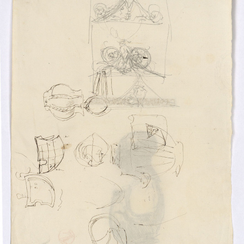 image for: Marià Fortuny - Armadura i sanefa decorativa (anvers) / Croquis de cascs, escuts i altres (revers) - Cap a 1867-1872 [1]