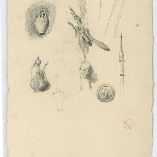 image for: Marià Fortuny - Càntir, setrill, escut, puntes de llança i altres armes - Cap a 1870-1872