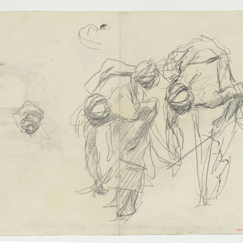 image for: Marià Fortuny - Estudi per al quadre «L&#039;esmolador de sabres» (anvers) / Croquis inconcrets, cap de marroquí i genets a cavall (revers) - Cap a 1872