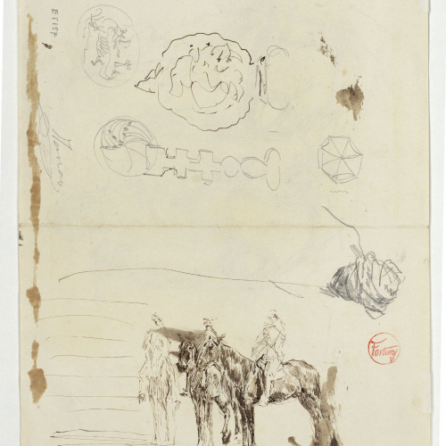 image for: Marià Fortuny - Estudi per al quadre «L&#039;esmolador de sabres» (anvers) / Croquis inconcrets, cap de marroquí i genets a cavall (revers) - Cap a 1872 [1]