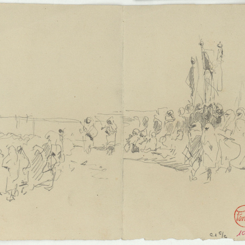 image for: Marià Fortuny - Celebració del Mulud o Pasqua del profeta al Gran soc de Tànger (anvers) / Estudi per al quadre «Ferrador marroquí» (revers) - 1862