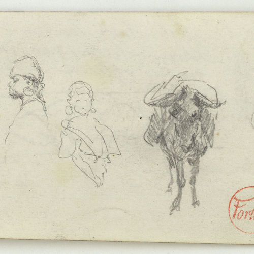 image for: Marià Fortuny - Marroquins i un bou (anvers) / Croquis de figura i motiu ornamental (revers) - Cap a 1860-1862
