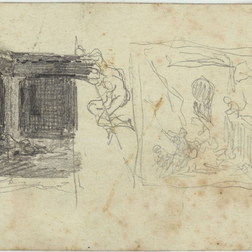 image for: Marià Fortuny - Caps de marroquins (anvers) / Casa marroquina, croquis de figura masculina i croquis inconcret (revers) - Cap a 1860-1862 [1]