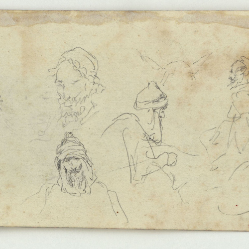 image for: Marià Fortuny - Caps de marroquins (anvers) / Casa marroquina, croquis de figura masculina i croquis inconcret (revers) - Cap a 1860-1862