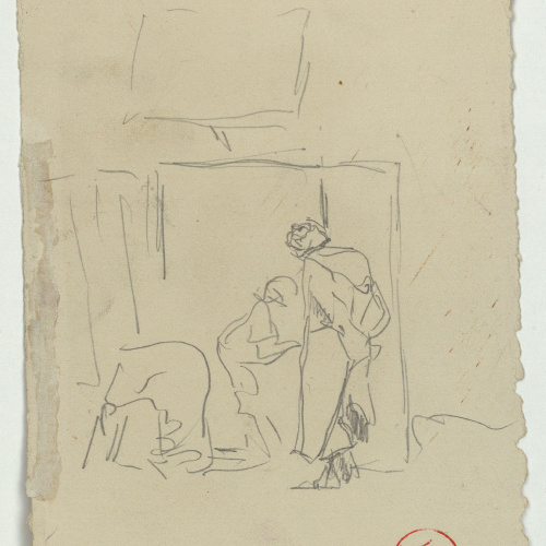 image for: Marià Fortuny - Estudi per a l&#039;aquarel·la «El venedor de tapissos» (anvers) / Croquis de marroquins (revers) - Cap a 1870