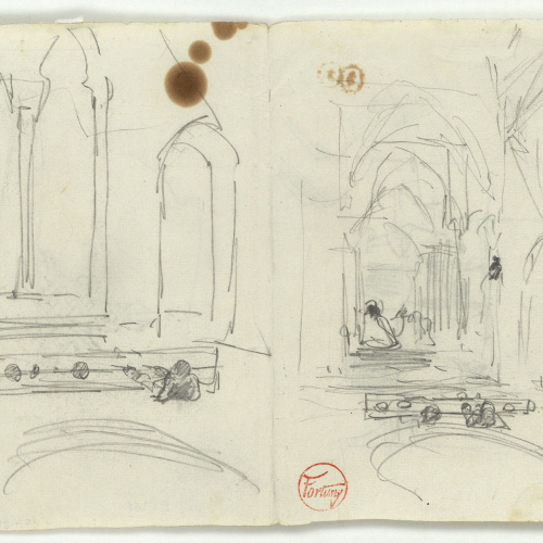 image for: Marià Fortuny - Estudis per al quadre «El tribunal de l&#039;Alhambra» (anvers) / Figures en un interior i vas decorat (revers) - Cap a 1871