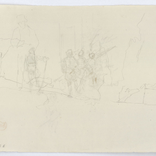 image for: Marià Fortuny - Arcabussers (anvers) / Esbós de figura i croquis inconcrets (revers) - Cap a 1870-1872 [1]