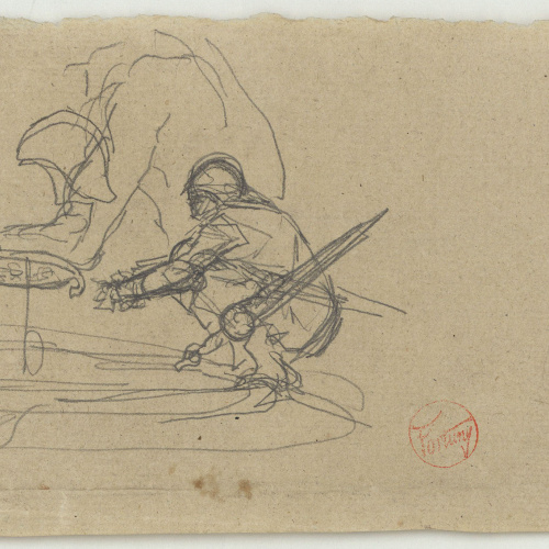 image for: Marià Fortuny - Guerrer a la gatzoneta i detall (anvers) / Esbós de paisatge muntanyenc (revers) - Cap a 1870-1872