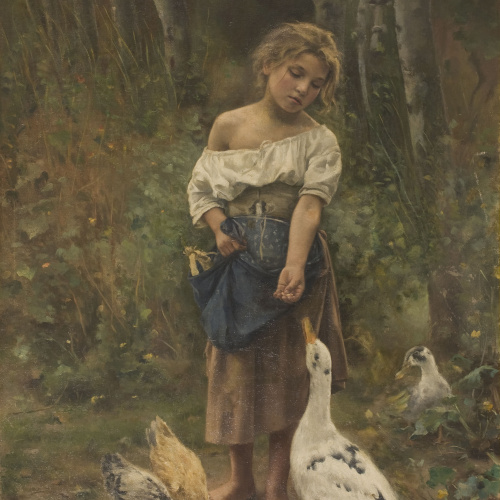 image for: Joan Brull - Nena donant menjar a una oca - Cap a 1891