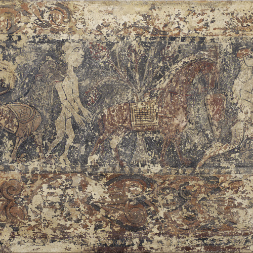 image for: Anònim. Aragó - Pintures profanes de Sixena: Cèrvol menjant fruits d&#039;un arbre, lleó subjectant un home nu i cavaller descavalcat i agenollat davant una dama entronitzada - Cap a 1200