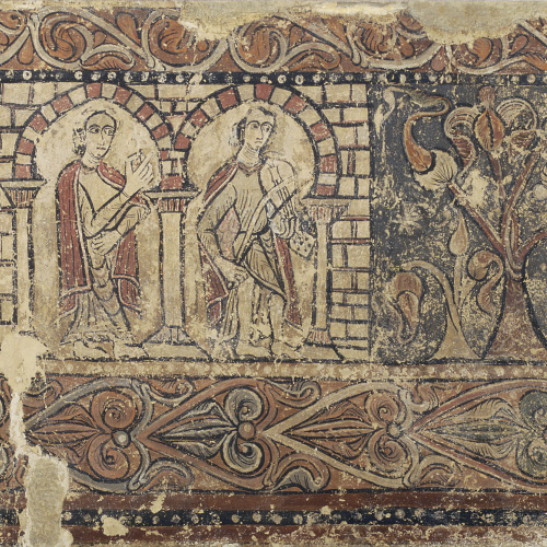 image for: Anònim. Aragó - Dama i joglar en un palau i lleó atacant un soldat, pintures profanes de Sixena - Cap a 1200