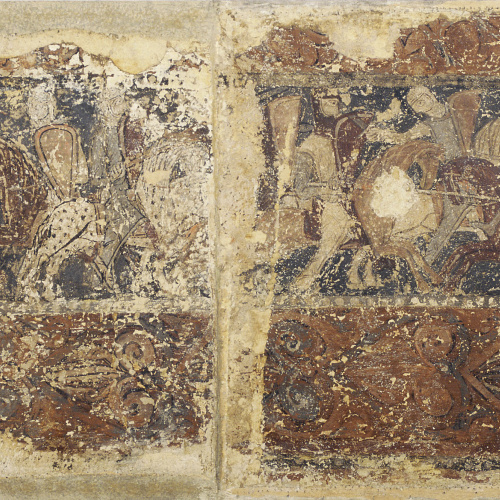 image for: Anònim. Aragó - Pintures profanes de Sixena: Combat de cavallers i soldat atacat per un lleó - Cap a 1200
