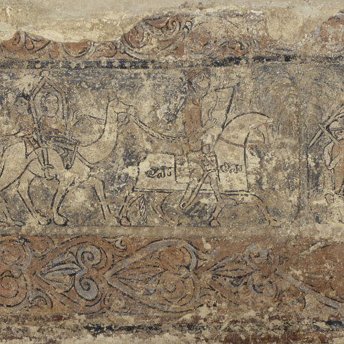 image for: Anònim. Aragó - Pintures profanes de Sixena: Comitiva de pelegrins i assalt d&#039;un castell (Sant Joan d&#039;Acre?) - Cap a 1200