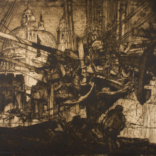 image for: Frank Brangwyn - Obrers treballant en una obra (Santa Maria de la Salut, Venècia [?]) - Cap a 1907
