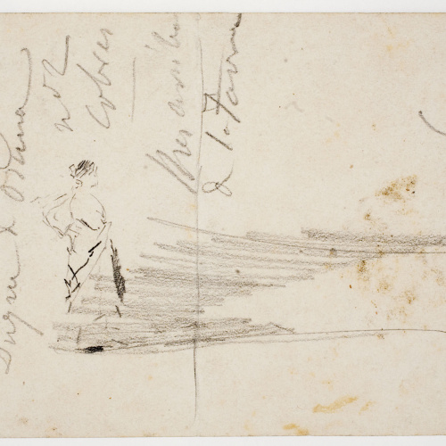 image for: Marià Fortuny - Croquis de figura femenina (anvers) / Plànol (revers) - Cap a 1870-1872