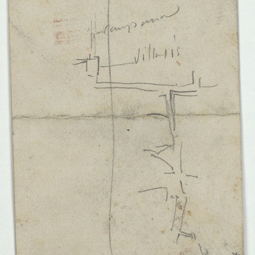 image for: Marià Fortuny - Croquis de figura femenina (anvers) / Plànol (revers) - Cap a 1870-1872 [1]