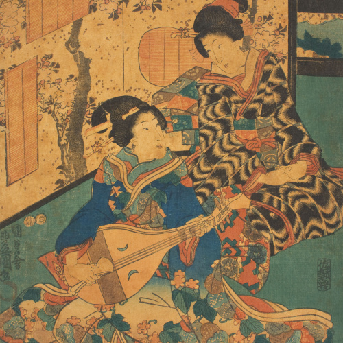 image for: Utagawa Kunisada (Toyokuni III) - Dues cortesanes del tríptic «Escena de concert d&#039;Inaka Genji (Yasasugata Azuma no utsushi-e)» - 1849-1853