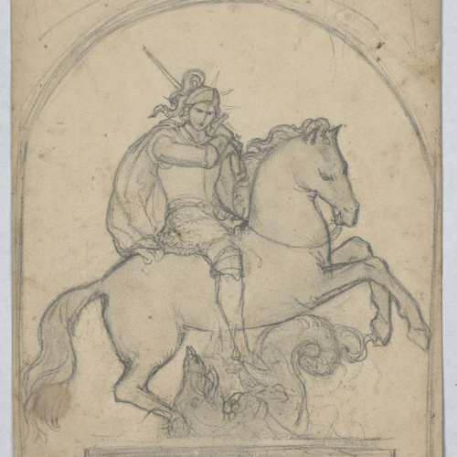 Francesc Torras - Sant Jordi (anvers) / Croquis d'uns homes nus i una casa (revers) - Cap a 1860 image for: Francesc Torras - Sant Jordi (anvers) / Croquis d'uns homes nus i una casa (revers) - Cap a 1860