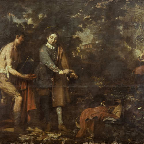 image for: Antoni Viladomat - Sant Francesc canvia la seva roba per la d&#039;un pobre - Cap a 1729-1733