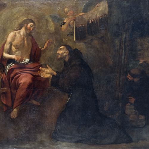 image for: Antoni Viladomat - Sant Francesc dóna tres monedes a Jesús, símbol del triple vot - Cap a 1729-1733