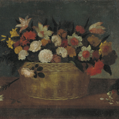 image for: Pedro de Camprobín - Natura morta amb flors dins una panera i ocell exòtic - Cap a 1640