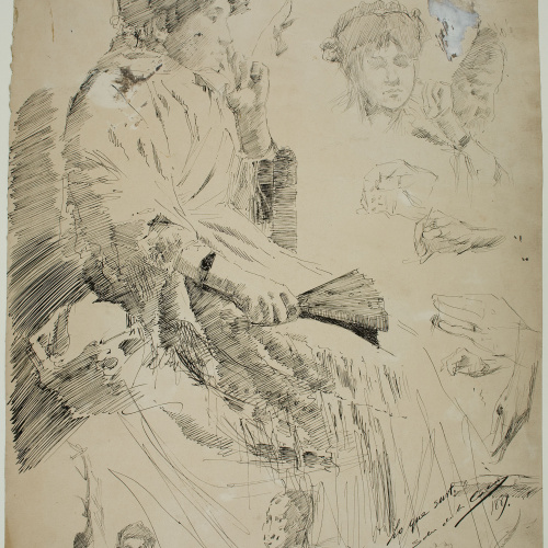 image for: Ernest Soler - Figura femenina asseguda i estudi de caps i mans (anvers) / Estudi d&#039;animals i caps (revers) - 1889