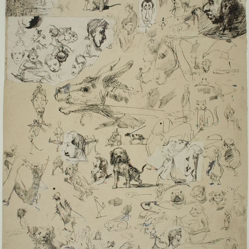image for: Ernest Soler - Figura femenina asseguda i estudi de caps i mans (anvers) / Estudi d&#039;animals i caps (revers) - 1889 [1]
