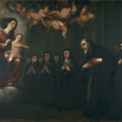image for: José García Hidalgo - La Mare de Déu i el Nen transverberant el cor a sant Agustí, davant la comunitat de religiosos - Cap a 1674