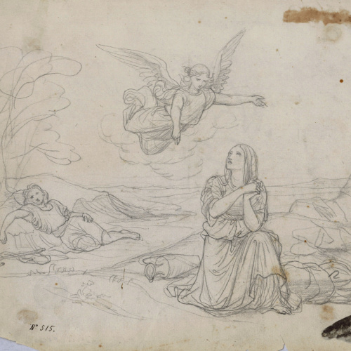 image for: Pelegrí Clavé - Agar i Ismael al desert (anvers) / Apunt de figura (revers) - Segona meitat del segle XIX