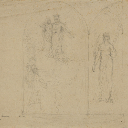 image for: Antoni Utrillo - Estudi amb la Mare de Déu de la Mercè i santa Eulàlia (anvers) / Croquis de figures (revers) - Cap a 1900-1906
