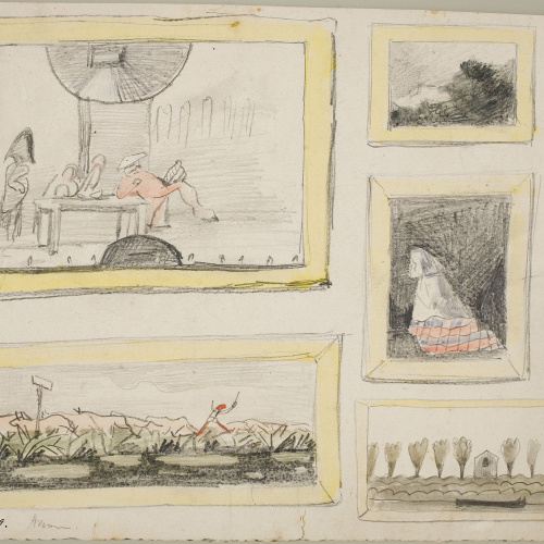 image for: Modest Urgell - Caricatures de quadres (anvers) / Croquis de quadres (revers) - Cap a 1872-1878