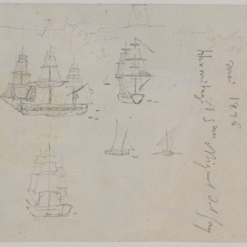 image for: Adolphe Hedwige Alphonse Delamare - Porta d’entrada a l’antiga ermita de Sant Miquel al Monestir de Sant Miquel del Fai (anvers) / Apunts de vaixells (revers) - Maig de 1826 [1]